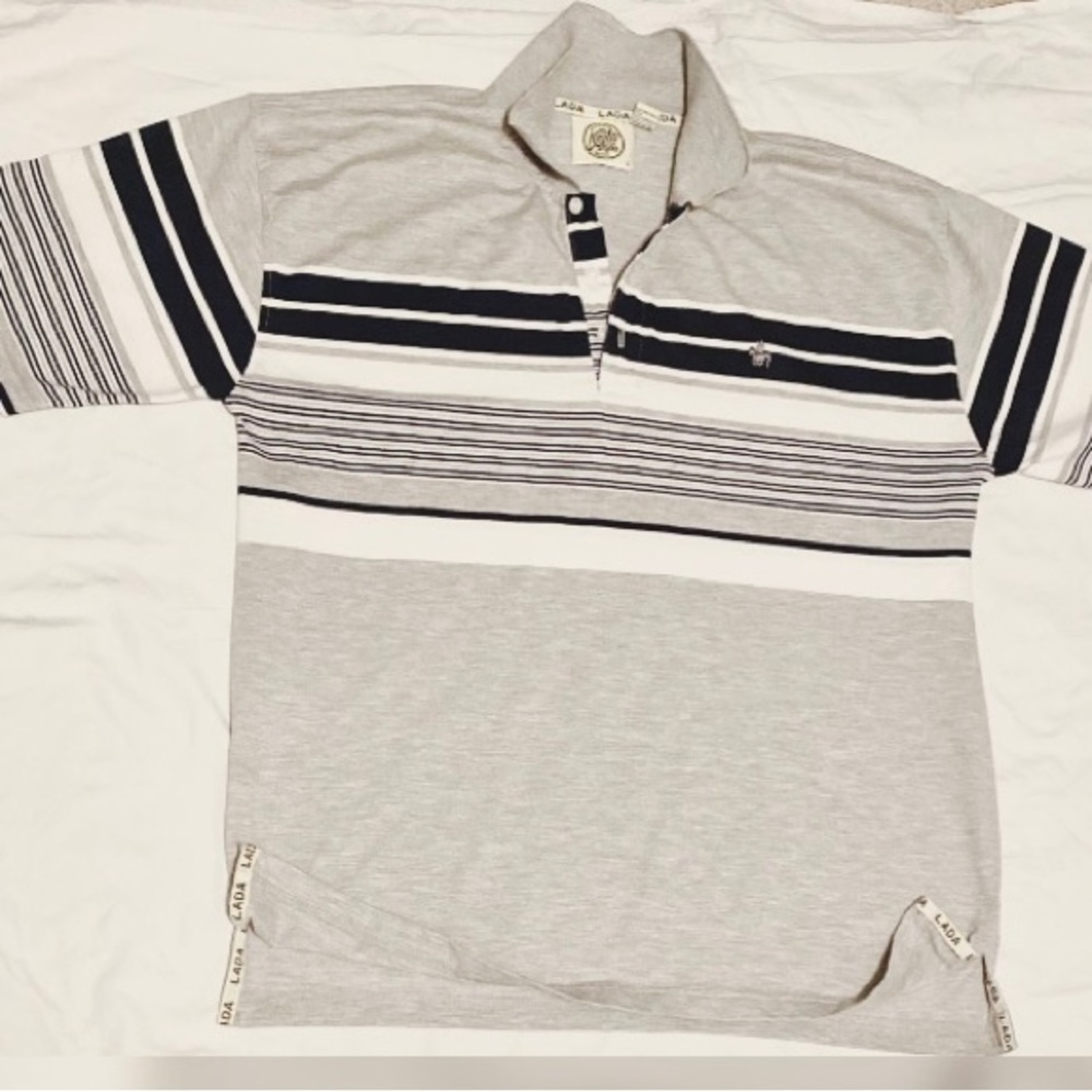 Large size dark blue, white, and grey Authentic Lada Style brand collared shirt.